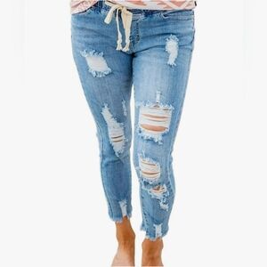 Women's High Rise Skinny Stretch Ripped Jeans High Elastic Waisted Destroyed Lac